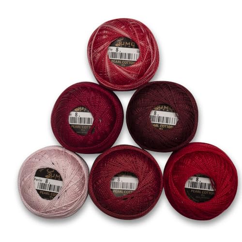 6 Balls Premium Pearl Cotton Embroidery Thread Size 8 | 100% Egyptian Cotton Crochet Yarn | Cross Stitch Embroidery Yarn | Oeko TEX Certified | 10 Grams per Ball (Red Tones) - color: Red Tones