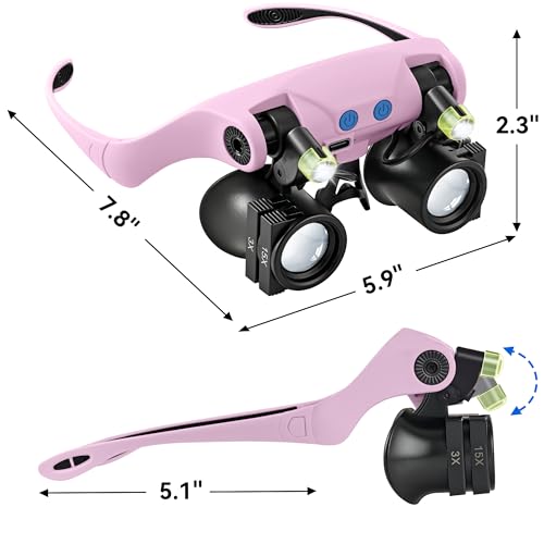 JARLINK Magnifying Glasses with LED Light, 14 Lenses, Hands Free, Pink - color: Pink