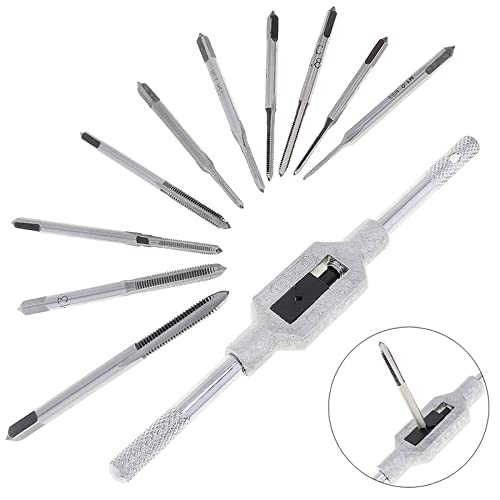 11pcs Mini Tap Wrench Set Metric Tap Set with High Speed Steel Hand Screw Thread Plug Taps M1 M1.2 M1.4 M1.6 M1.7 M1.8 M2 M2.5 M3 M3.5 Adjustable Tap Wrench for Woodworking Machinery Repair