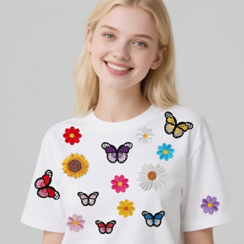 42PCS Butterfly Flower Embroidery Patches, Iron On Sew On Appliques DIY - color: Butterfly & Flower