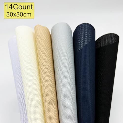 Zhenqing 14CT 12x12 Inch Aida Cloth 6-Pack (6 Colors) – Premium Cotton Cross Stitch Fabric for Beginners & Pros – Pre-Cut Squares for Embroidery, Needlework, DIY Crafts