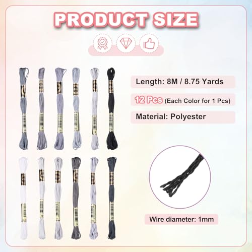 PATIKIL 12 Skeins Embroidery Floss Polyester Embroidery Threads String Gray - color: Gray