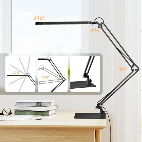 SKYLEO LED Desk Lamp with Slim Base - Adjustable Swing Arm Desk Light, Dimmable, Timer, Eye Protection, Memory Function, 1300LM, 12W, Black - style: Black swing arm with Base