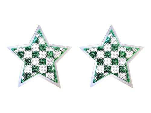 Green Checkered Sequin Star Patch, 3.75" x 3.75”, 2-Pack, Embroidered Iron-On for Hats, Bags, Jackets - color: Checkered Sequin Star - Green
