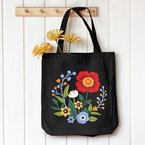 Louise Maelys Embroidery Kit Canvas Tote Bag with Floral Pattern DIY Crafts - color: flower 2
