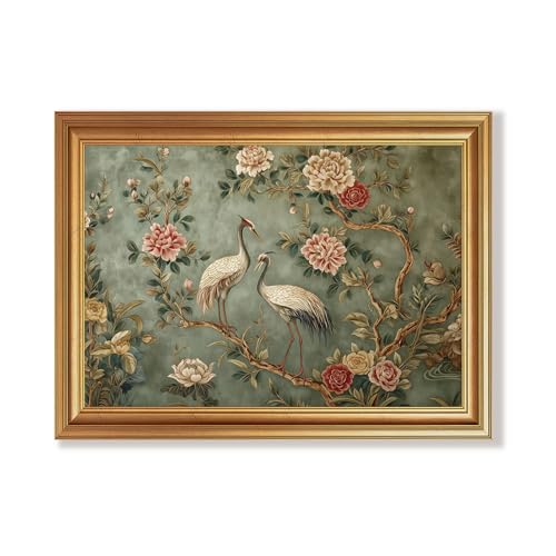Wojuin Oriental Vintage Crane and Peony Framed Canvas Wall Art 12x16 inches - color: Garden, size: 16"L x 12"W