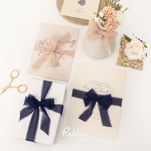 Ribbli Beige Ribbon 1 Inch x 3 Rolls Total 24 Yards Natural Handmade Fringe Chiffon Silk Ribbon for Wrapping Wedding Invitations Bridal Bouquets DIY Crafts Home Decor - color: Beige