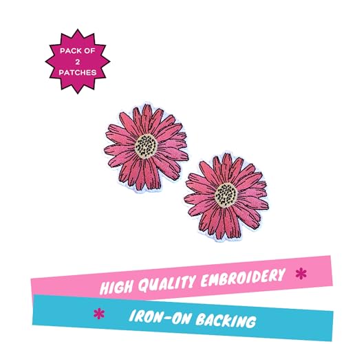 Pink Daisy Patch, 2.5” x 2.5”, 2- Pack, Embroidered Iron-On for Hats, Bags, Jackets - color: Pink Daisy