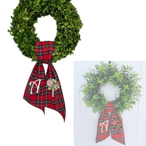 Christmas Wreath Sash with Embroidered Letter and Holly Design Fall Wreath Bow Monogram Letter Elegant Christmas Garland for Front Door Porch Or Fireplace Mantle (A) - color: A