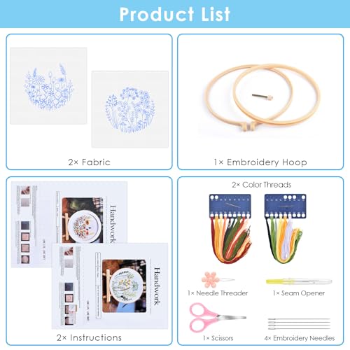 ERKOON Embroidery Kit for Beginners Adult, 2 Set Flower Cross Stitch Set Include Embroidery Cloth Hoops Threads for Craft Lover Hand Stitch with Embroidery Skill Techniques (Flowers and Plants) - color: Flowers and Plants