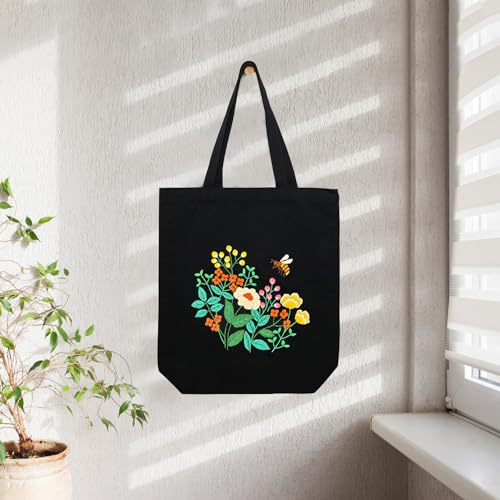Canvas Tote Bag Embroidery Kit, Beginner Embroidery Kit for Adults, Hand Embroidery Starter kit with Floral Pattern, Arts and DIY Crafts Embroidery Kits , Cross Stitch Kit with Embroidery Bag and Tool - color: Black Yellow