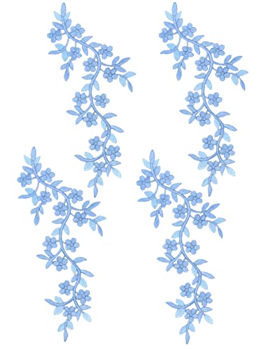 4 Pieces 10x5inch Long Patch Flower Vine with Leaf Iron on Patch Embroided Applique for Garment Curtain Pillow Blanket Trimming Shoes Jeans Clothing Embelishments (Blue) - color: Blue