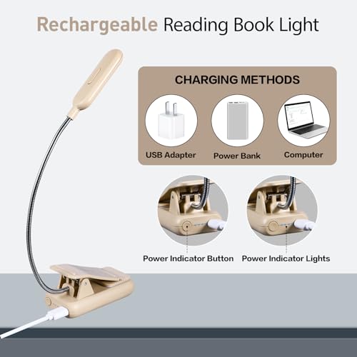VAVOFO Rechargeable Reading Light, Clip on Book Light for Reading in Bed - color: Khaki