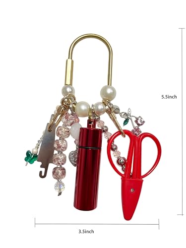 MEYAGO Needlepoint Bag Charm Tool Kit with Mini Embroidery Scissors, Needle Threader, Needle Holder Tube & Gold Keyring, Portable Embroidery Accessories for Cross Stitch Sewing DIY Crafts (Red) - color: Red