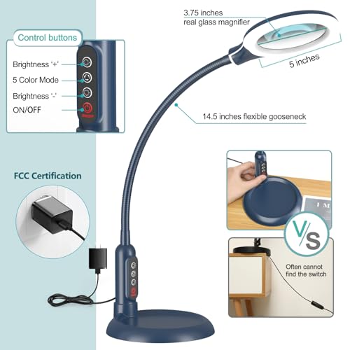10X Magnifying Glass with Light and Clamp, 5 Color Modes Stepless Dimmable Lighted Magnifier with Stand, Flexible Gooseneck LED Desk Lamp Hands Free for Craft Painting Hobby Close Work - Blue - color: Blue, size: 10X