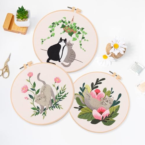 LB Funny Cat Embroidery Kit for Beginners Adults, 3 Sets Hand Embroidery Starter Kit with Floral Pattern and Instructions Stamped Cross Stitch Kits Include Embroidery Hoop Needles Threads Scissors - color: Grey