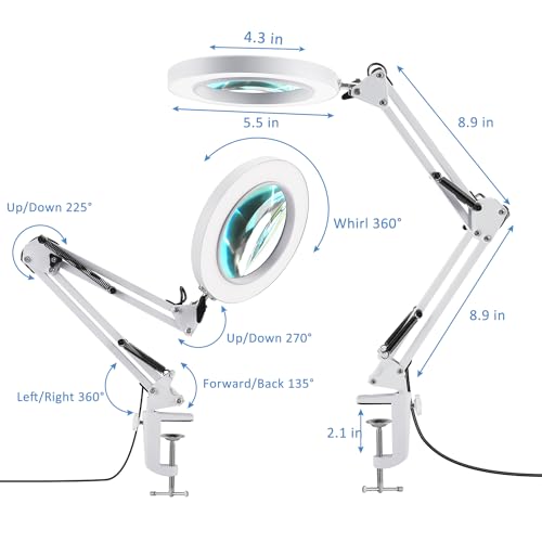 LANCOSC 10X Magnifying Glass with Light and Stand, Optical-Grade Glass Lens, 3 Color Modes Stepless Dimmable, Adjustable Swivel Arm, LED Magnifier Desk Lamp for Close Work Repair Crafts Reading, White