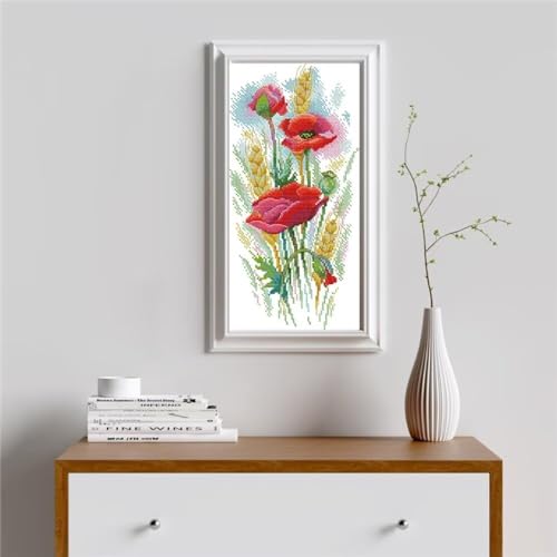 Stamped Cross Stitch Kits for Beginners- Full Set of Poppy Charm Embroidery for Adults,11 CT 3 Strands DIY Patterns Counted Arts Craft 9.5×18.5 inch - color: Poppy Charm