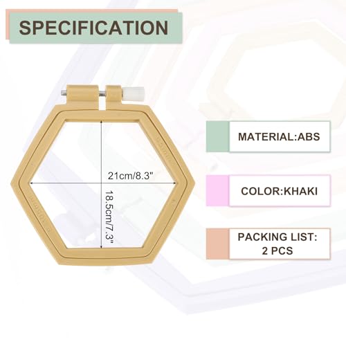 PATIKIL 2 Pieces 8.3" x 7.3" Hexagonal Embroidery Hoops, Adjustable Cross Stitch Hoops Ring ABS Plastic Embroidery Frame Punch Needle Hoop for Sewing, Needlework, DIY Craft, Khaki - color: Khaki, size: 8.3" x 7.3"