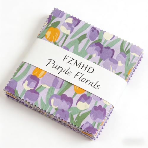 42 PCS 5x5 Inch Purple Floral Cotton Fabric Squares Charm Pack, Precut Quilt Squares for DIY Sewing, Quilting & Scrapbooking Projects