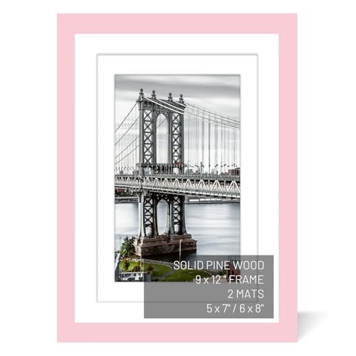 9x12 Picture Frames Solid Wood Display Pictures 6x8 or 5x7, 9x12 Frame Poster Photo Frame Art with 2 Mats for Wall Mounting or Table Top (Pink) - color: Pink, size: 9x12 inch