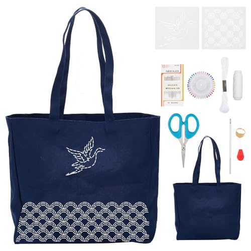 FREEBLOSS Embroidery Handbag Kit Tote Bag Embroidery Kit Sashiko Kit Cross Stitch Bag Set for Art Craft Project Embroidery Bag Kit for Beginners Hand Sewing Kit with PET Template 34 * 31 * 12cm
