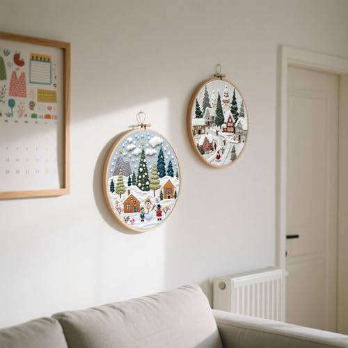 Offizon Christmas Embroidery Kit for Beginners, 2 PCS Starter Cross Stitches, Winter Night Santa Handicrafts, Merry Chistmas - color: Christmas Snow