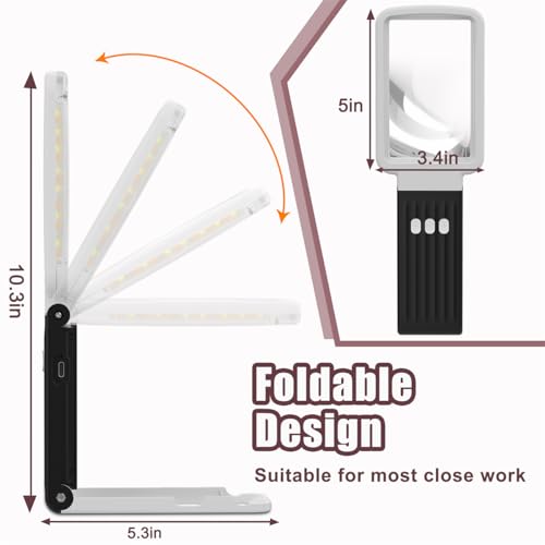 15X Magnifying Glass with Light and Stand, Real Glass Lens, Rechargeable Foldable Handheld Magnifier, 3 Color Modes Dimmable Lighted Page Magnifier for Reading Fine Prints, Low Vision Seniors - color: White Black