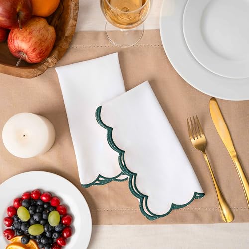 Blue Needles Cotton Scalloped Embroidery Cloth Napkins 17X17Inch - Set of 4 - color: White(edges - Green)