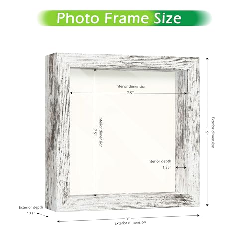 FrameWorks 8x8 Driftwood Wooden Shadow Box Frame – Soft Felt Back, Tempered Glass, and Included Elegant White Ball Push Pins - color: White Driftwood, size: 8"x8"