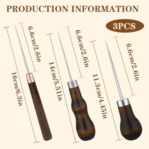 ZXIIXZ 3 Pack Leather Scratch Awls Tool, Wooden Handle Sewing Awl - color: 3 Pcs Wooden Brown