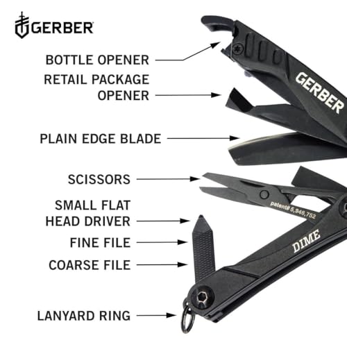 Gerber Dime 12-in-1 Mini Multitool Pliers, Pocket Knife,Bottle Opener,Black - color: Black