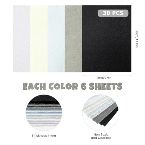 30Pcs Stiff Felt Sheets, 1mm Thick Felt Fabric Squares for Sewing & DIY - color: Black, White, Gray