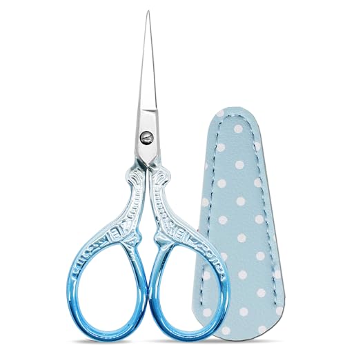 Small Sewing Scissors 3.6Inch Scissors with Leather Scissor Cover - color: Silver Blue