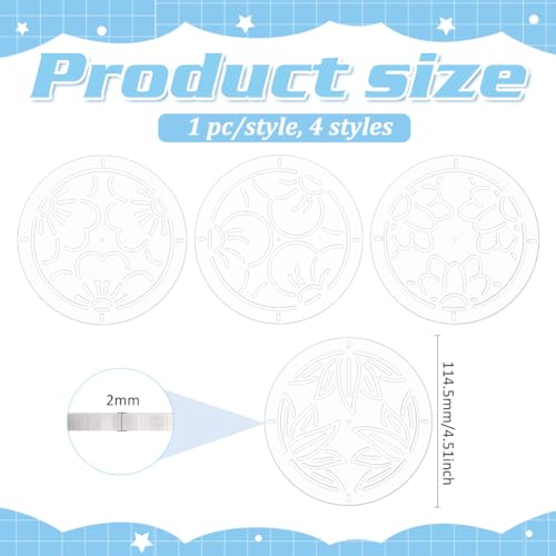 BENECREAT 4Pcs Acrylic Sashiko Stencil, 4.5inch Flower Acrylic Embroidery Tool Drawing Line Template for Hand Quilting and Embroidery, 2mm Thick