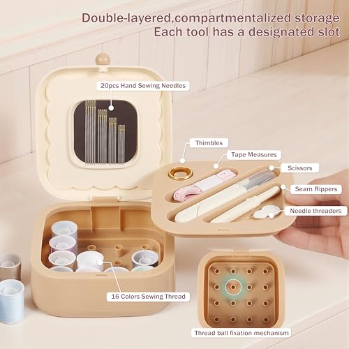 LOTOFUN Small Sewing Kit Box: Cookie Design Portable 2-Layer Organizer Magnetic Needle and Thread Kits Holder Basic Case - Travel Emergency Clothes Repair for Adults (Beige) - color: Beige