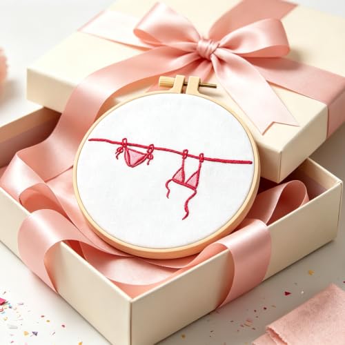 Crafmanoe Easy Hand Embroidery Kits for Adults Beginners, Embroidery Starters Kits, Pink Bikini Stamped Cross Stitch Kits Needlepoint Kits for Beginners Adults, Embroidery Hoop, Thread, Video Tutorial - color: H2124, size: 6.3Inch