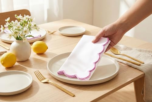 PurpleEssences Scalloped Cloth Napkins 18x18 in - White Edges Blush Pink - color: White(edges- Blush Pink)