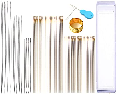 Y-Axis 62 Pcs Assorted Beading Needles Including 12 Pcs Big Eye Beading Needles + 50 Pcs Extra Thin Golden Eye Beading Thread Needles with Storage Box - style: Golden needle eyes-62Pcs