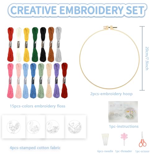 FREEBLOSS 4 Set Embroidery Kit Animals Pattern Stamped Embroidery Starter Kit with Step by Step Instructions, Colored Threads, 2 Hoops, Needlepoint Kits for Hand Craft Lovers Gift, 30cm/11.8inch - style: Birds&Flowers