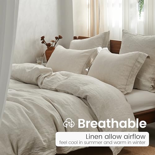 Simple&Opulence 100% French Linen Pillowcases with Embroidery – Pack of 2, Washed Solid Color Natural Flax, Soft & Breathable - Linen, 20'' x 26'' - color: Linen, size: Queen