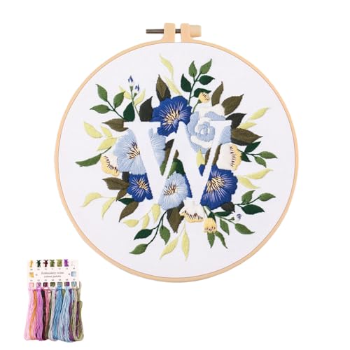 artcici Embroidery Kits Plant Flower Leaf English Letter Patterns for Beginners Adults, Full Range Embroidery Starter Kits Cross Stitch Needlework Supplies (Letter W) - color: Letter W
