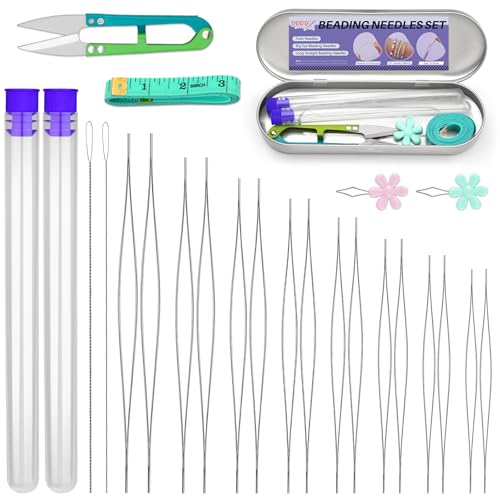 UOOU 32 Pcs Beading Needles Set, 8 Sizes Big Eye Bead Needles - color: Silver-32 Pcs