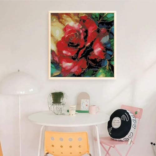 Rose Flowers Stamped Cross Stitch Kits, Embroidery Starter Kit for Adult Beginners, 11CT Cross-Stitch Patterns Dimensions Kit Arts，Needlepoint Kit Crafts for Home Decor 13.7 x 13.7 inch - color: T015