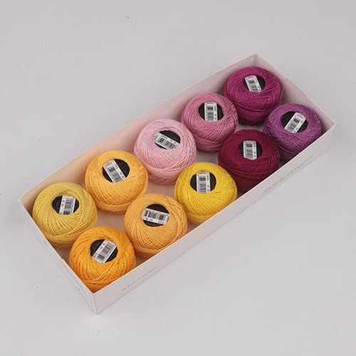 Size 8 Double Mercerized Egyptian Long Staple Cotton Pearl Thread 10 Grams (87 Yards)/Ball Crochet Thread 10 Colors per Box for Crochet Hardanger Cross Stitch Hand Embroidery (Set K) - color: Set K