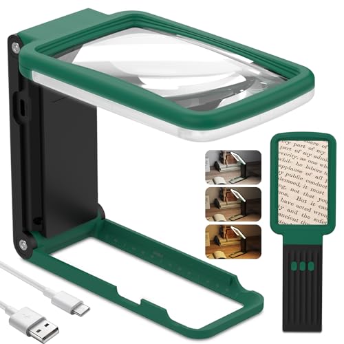 15X Magnifying Glass with Light and Stand, Real Glass Lens, Rechargeable Foldable Handheld Magnifier, 3 Color Modes Dimmable Lighted Page Magnifier for Reading Fine Prints, Seniors, Green-Black - color: Green Black