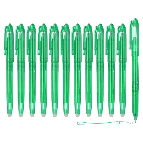 PATIKIL 12Pcs Erasable Gel Pens, 0.5mm Fine Point Heat Erasable Marking Pen with Cap Smooth Writing Fabric Markers for Sewing Drawing Writing Planner, Green Ink - color: Green