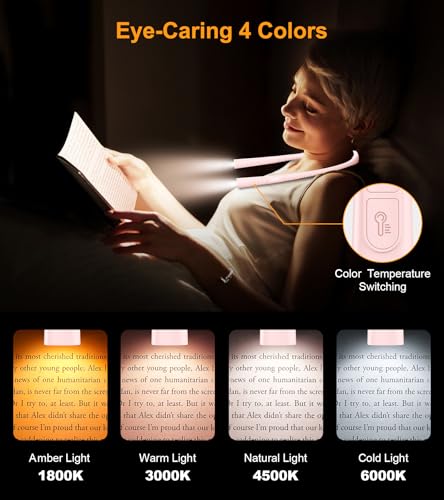 Gritin Book Light, Eye Caring 4-Color&5-Brightness Neck Light Reading Light - color: Pink, size: Upgraded