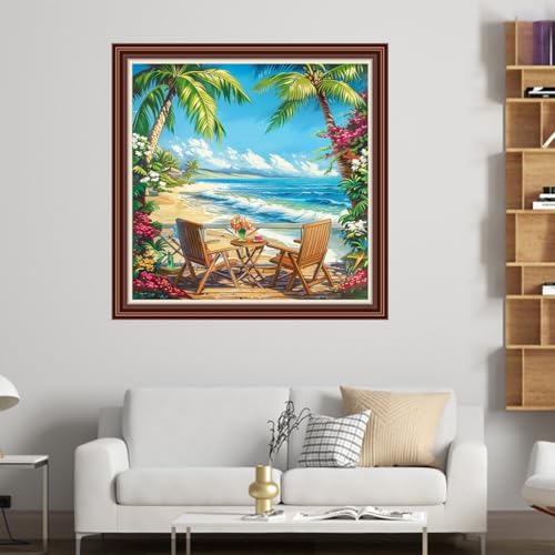 Dimensean Counted Cross Stitch Kit for Beginners, 11CT Unprinted Cross-Stitch Kit Easy Patterns Needlepoint Kit Cross Stitching Embroidery Kit Supplies-Resting Under Coconut Trees Seaside 18x18 inch - color: DIYColor45