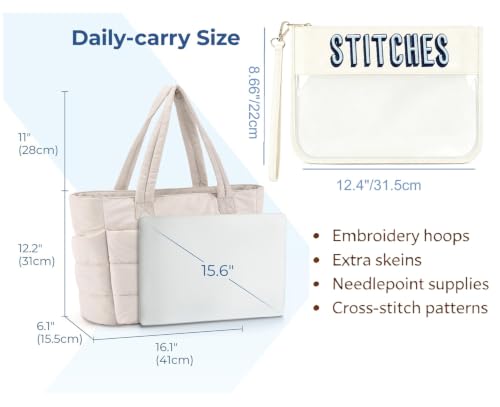 Needlepoint (NDLPT) Tote Bag & Clear Stitching Zipper Pouch Set (Beige) - color: Beige